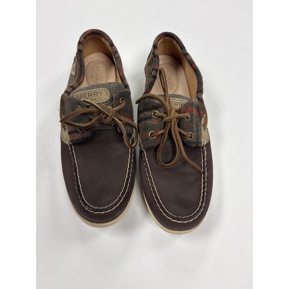 Sperry Women Brown Leather Plaid Wool Boat Shoes STS97231 Size 9M